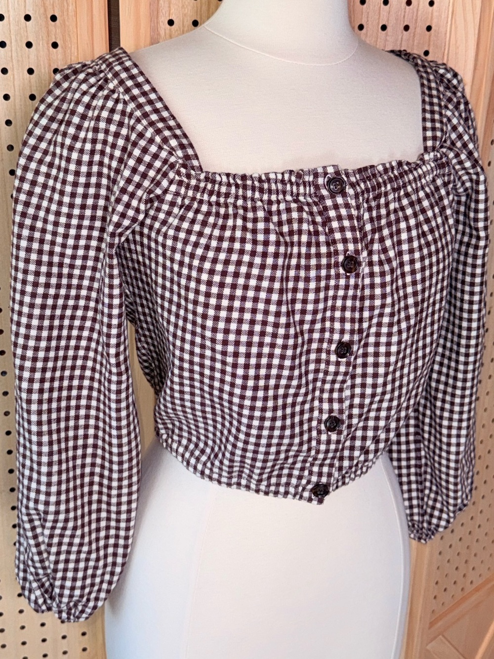 Madewell XXS Brown Gingham Crop Top Cottagecore Puff Sleeve Button Front Cotton - Picture 4 of 11